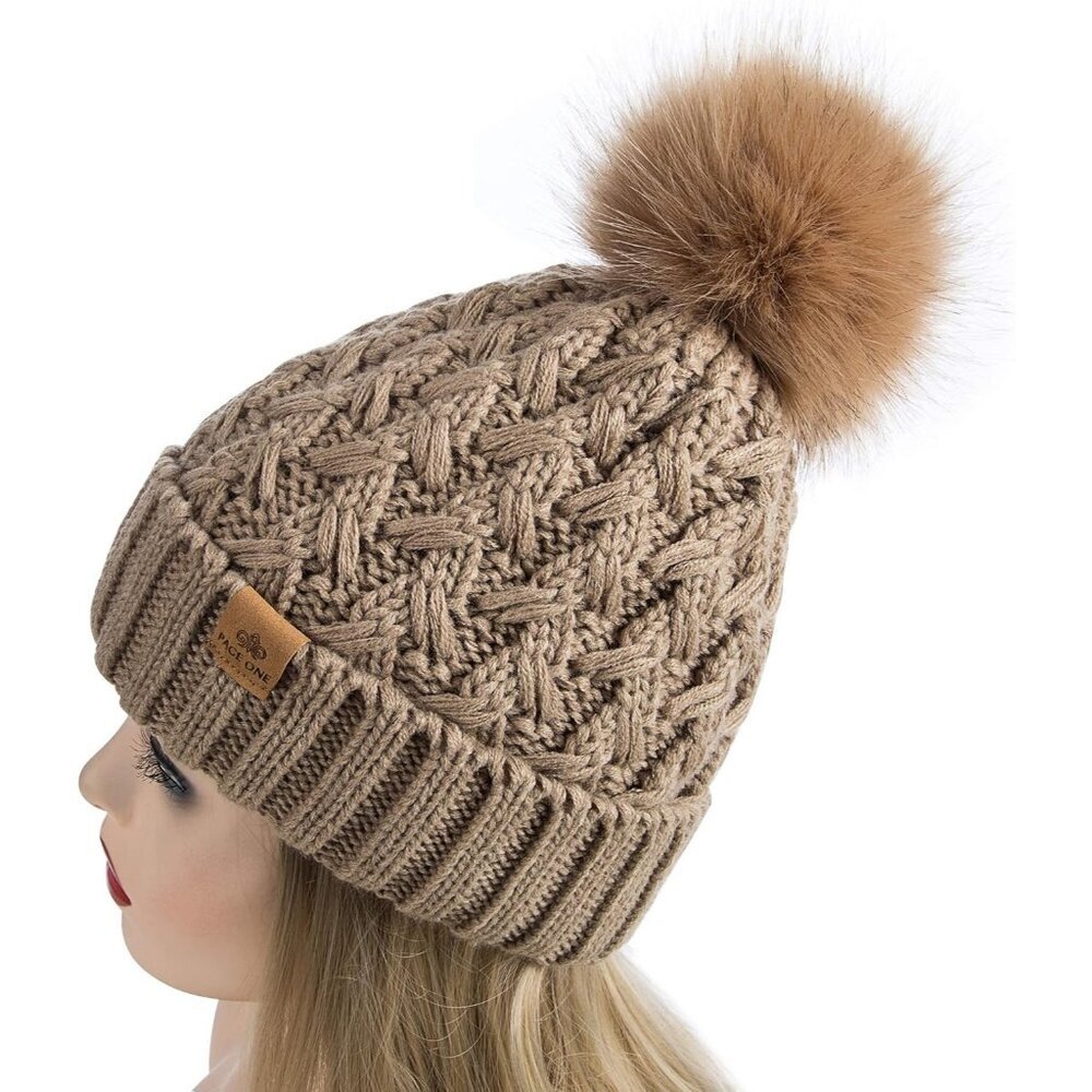 Women’s Khaki Winter Ribbed Beanie Hat Chunky Cable Knit Pompom Warm - Picture 3 of 6